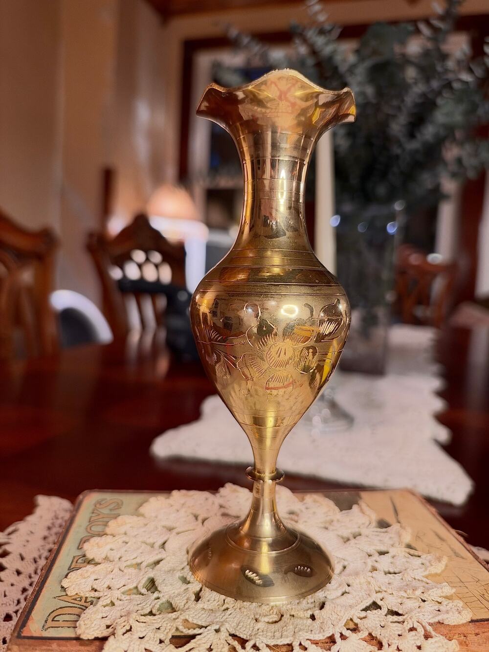 Vintage Solid Brass Vase with Etching
